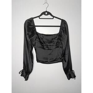 Francesca's Blouse Womens M Black Square Neck Satin Long Sleeve Cropped Top